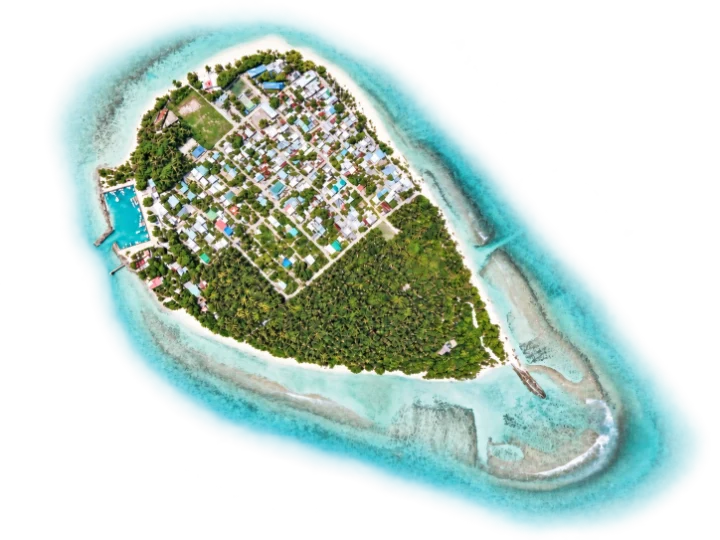 Aerial view of the island where I was born: houses, palms and a small harbour, ringed by its reef