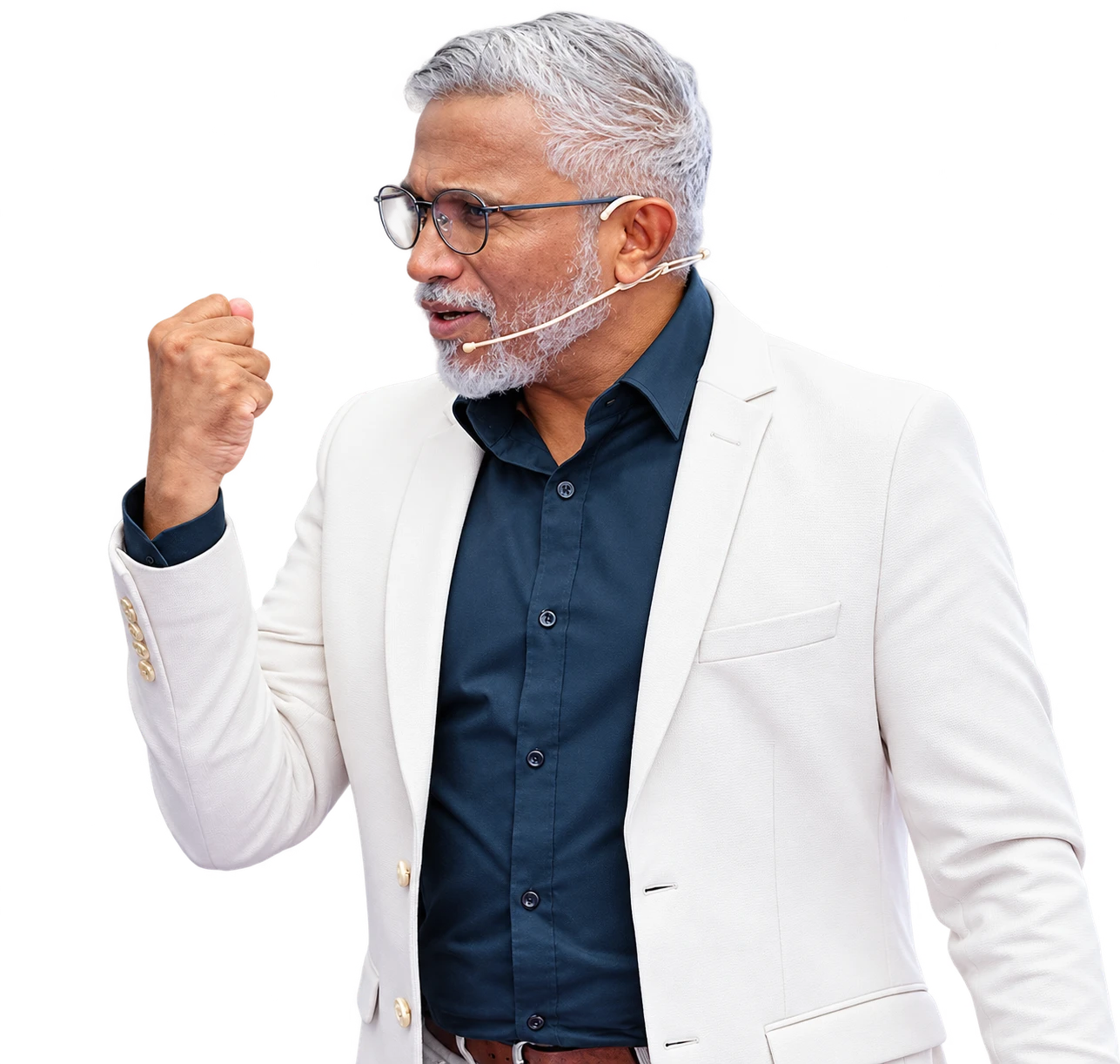 Mohamed Shareef speaking, one fist raised for emphasis, wearing glasses, a headset microphone and a light jacket