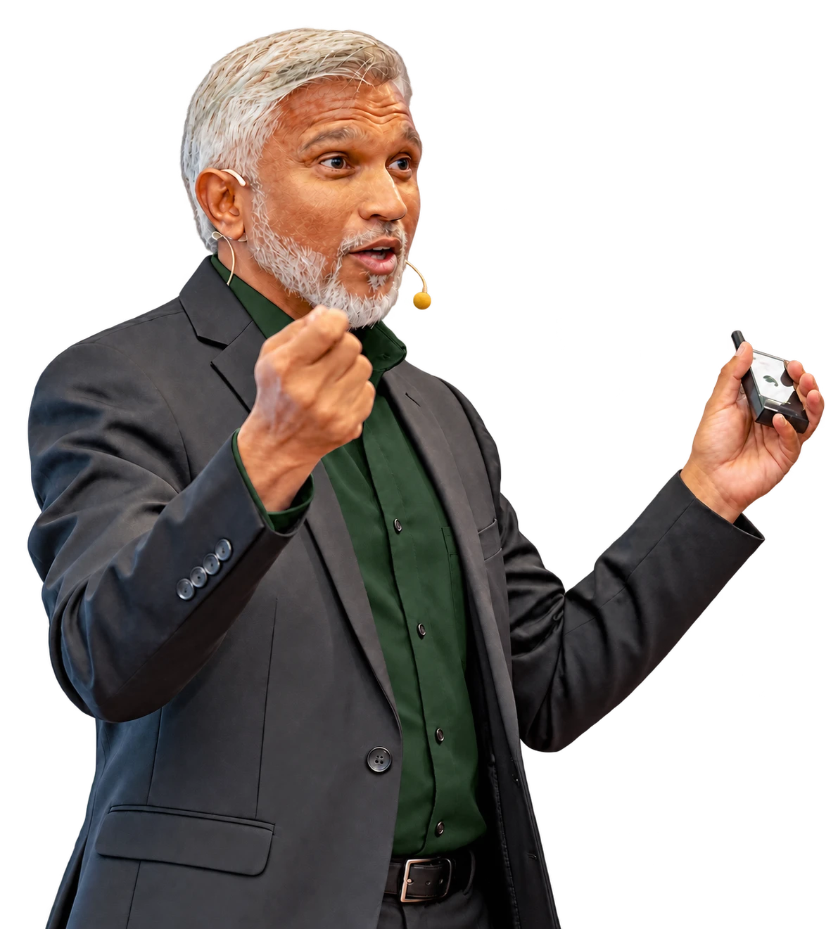 Mohamed Shareef speaking, one hand raised in a fist for emphasis and a presentation clicker in the other, with a headset microphone