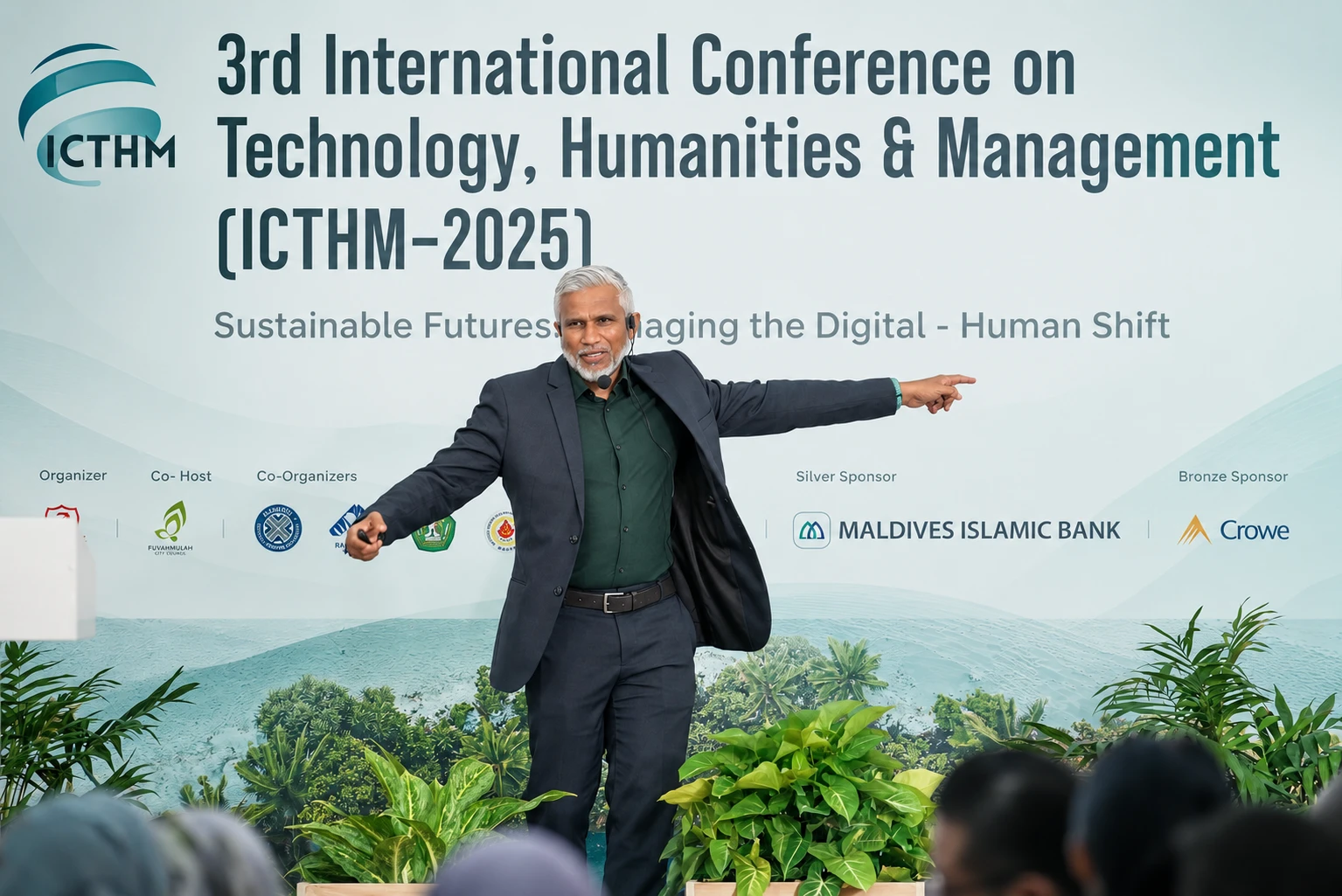 Mohamed Shareef on stage at ICTHM 2025, arms outstretched and pointing across the stage in front of the conference backdrop, with the audience in the foreground